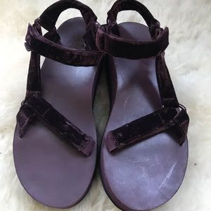 Burgundy velvet platform Tevas